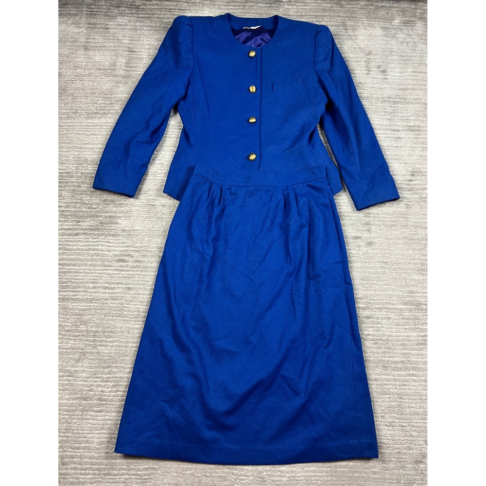 Mark Alexander Skirt Suit Womens 14 Blue Vintage Wool Blend Gold Button 2 Piece